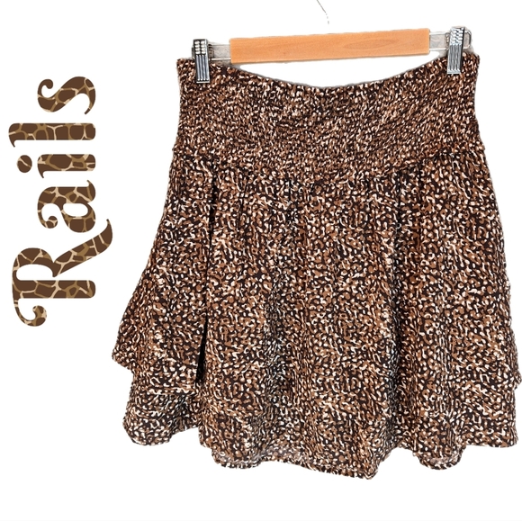 Rails Addison Mini Skirt Sz L Women's Animal Print Tiered Smock Waist Brown's - Picture 1 of 13